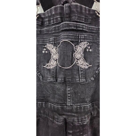 Hot Topic Bib Overalls Womens Small Black Denim 4 Moon Embroidery - Emo Goth - Picture 3 of 7